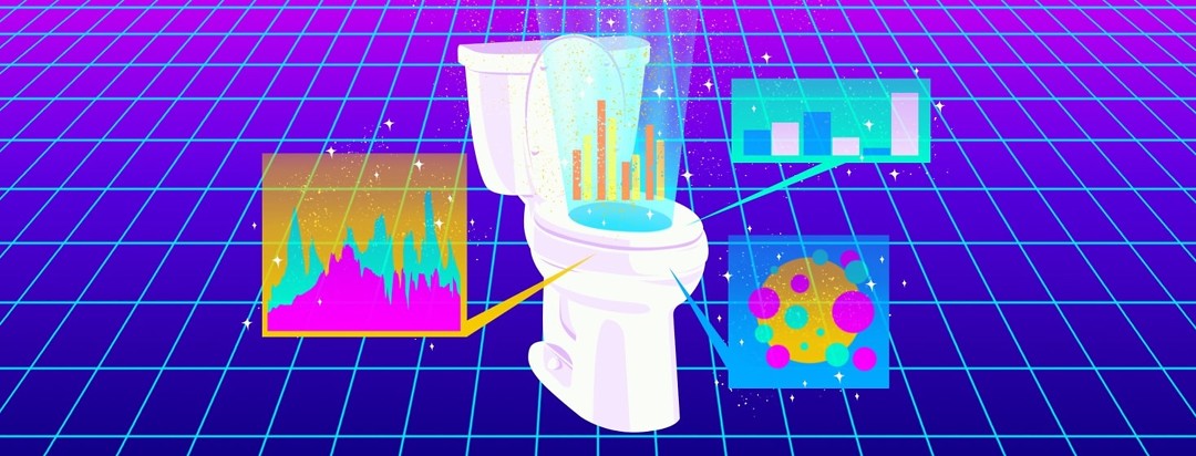 A toilet, against a techy, futuristic, backdrop, displays statistics and graphs.