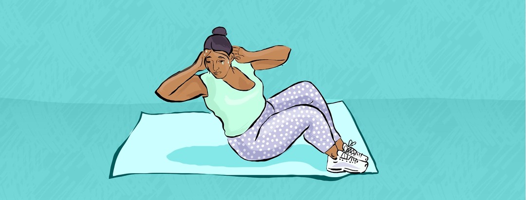 A woman doing crunches on a mat is sweating but is also crying.