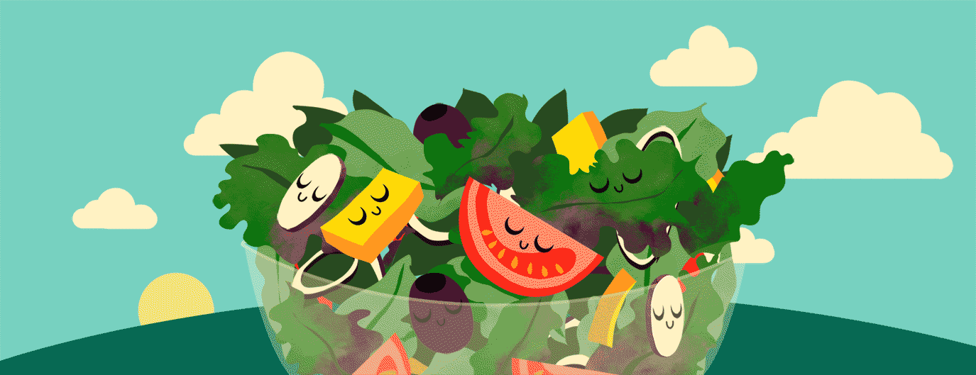A bowl of salad features raw veggies that at first look serene and non-threatening, but then they blink and their eyes look evil. The background also changes from a bright day to a scorched, orange color with flames coming up around the bowl.