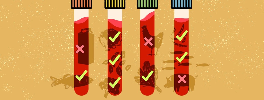 Test tubes filled with blood show different kinds of foods as being good or not for a specific blood type.
