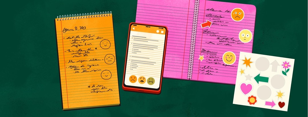 A yellow pad of paper, a pink notebook, and a smartphone with the Notes app open all have notes and emojis written or typed on them. The pink notebook also has stickers stuck onto its pages.