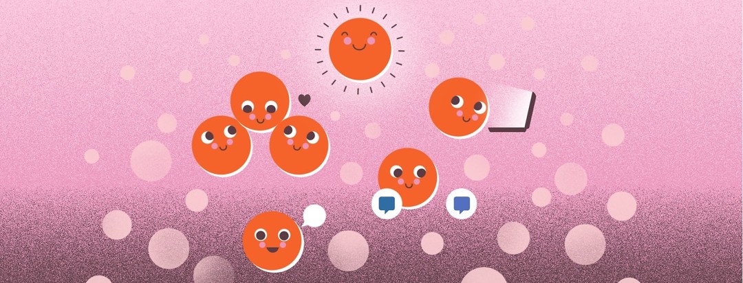 Orange bubbles with faces are shown doing various activities: talking, being supported by their friends, blogging, etc. The one at the top is glowing and smiling.