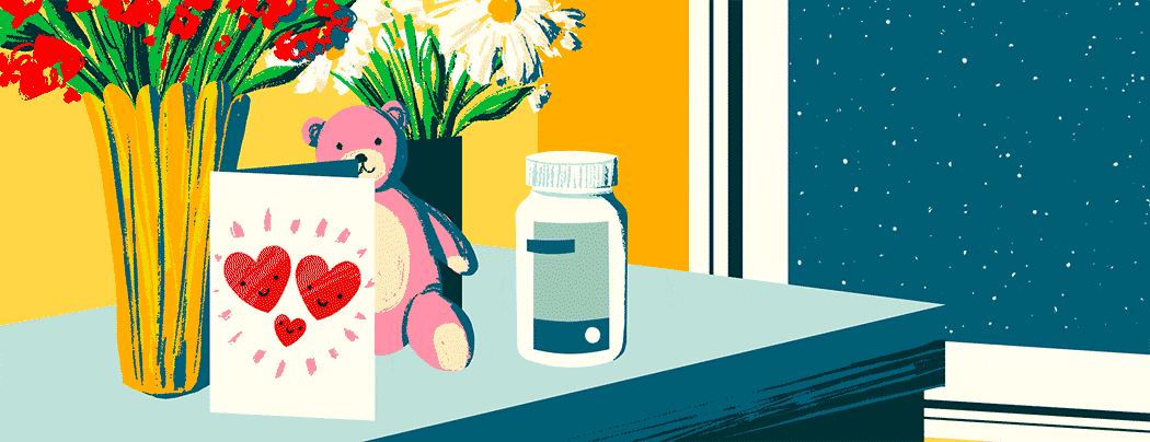 The bedside table in a hospital is full of flowers, congratulations cards, and a pink teddy bear, as well as a bottle of medication. A stroke of lightning comes in from the window and strikes the bottle, and the faces on the card and the bear change to alarm as the lightning lights up all the items in the room.