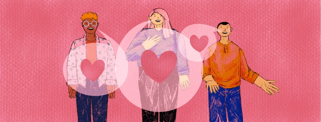 Three people speaking out are connected by overlapping speech bubbles with hearts in them.