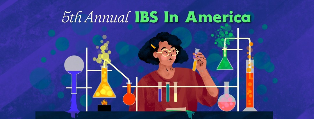 A woman stands among various science lab equipment, some of which is overturned and spilling its contents on the table. The woman is holding up a test tube, looking at it suspiciously. Text reads "5th Annual IBS In America"