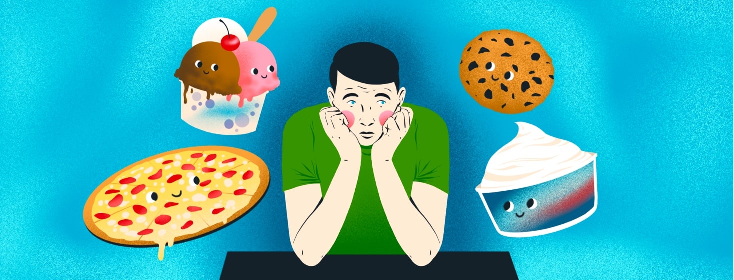 A young man sits with his chin on his hands, looking dejected. Around him are floating happy foods, including ice cream, pizza, a cookie, and a tub of Cool Whip.