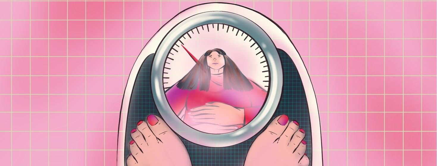 A woman's reflection is shown in the glass over a dial on a scale. She appears upset and is holding her stomach. The number on the dial indicates lower weight and/or weight loss.