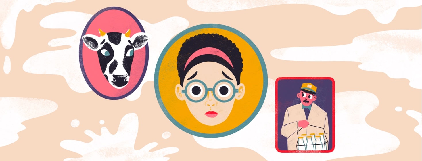 A worried woman is positioned between two dairy labels that are looking at her, also concerned - a milkman and a cow. Milk splashes in the background.