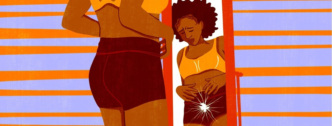 A woman looks at her reflection in the mirror, and the mirror is cracked where her pelvis is as she holds her abdomen in pain.
