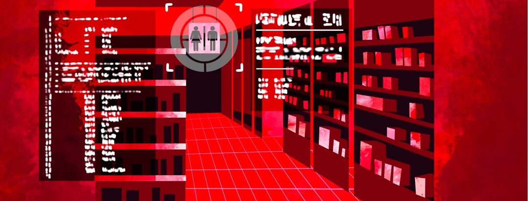 A convenience store with a bathroom sign hanging from the ceiling is show through infared vision with computerized notes along the sides, with a target on the bathroom sign.