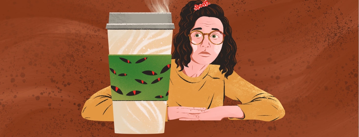 A woman looks warily at a to-go cup of coffee. The cardboard hand protector is covered with a design of evil-looking eyes.