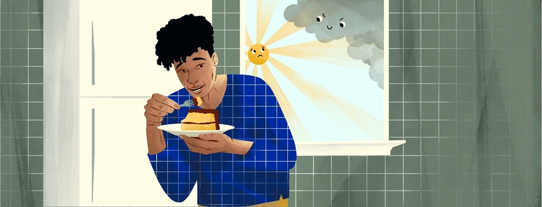 A woman eating a bite of cake looks cautiously over her shoulder at window that shows a sun that is looking scared of an approaching smiling, evil cloud.