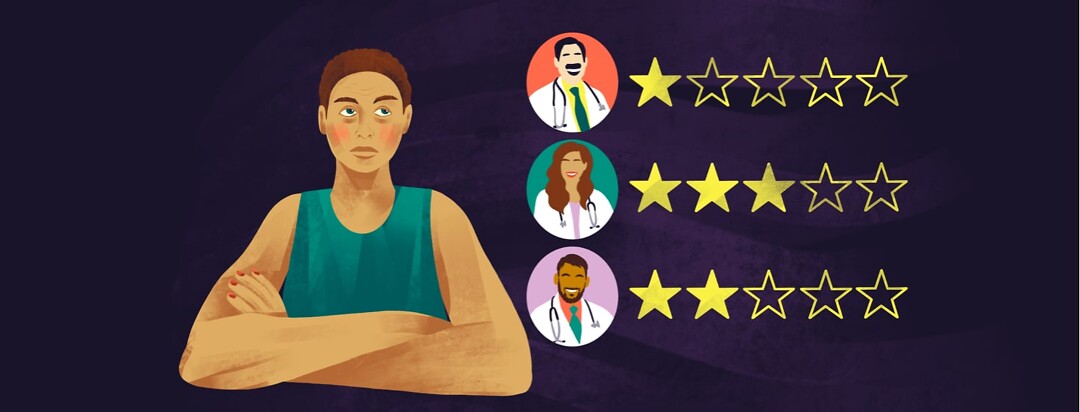 =alt apathetic woman next to doctor profiles with a range of star ratings beside each profile.