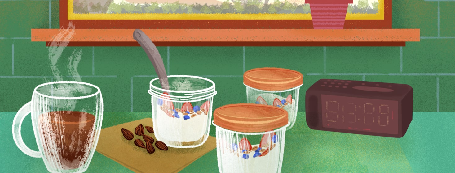 alt=Kitchen counter featuring three jars with yogurt parfaits, coffee, almonds and a clock.