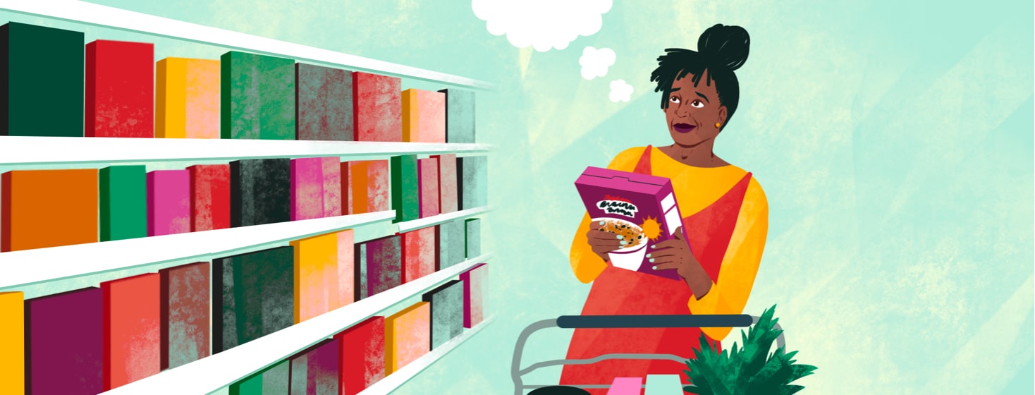 alt=a woman bemusedly remembers a memory while shopping in a grocery store and holding a box of Raisin Bran.