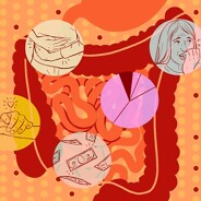 Bubbles in front of a digestive tract, displaying a chart, money, hands clutching an abdomen, and a person biting her nails nervously.