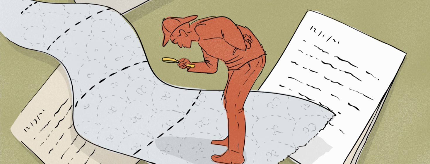 A detective with a magnifying glass bent over an oversized roll of toilet paper as if looking for clues.