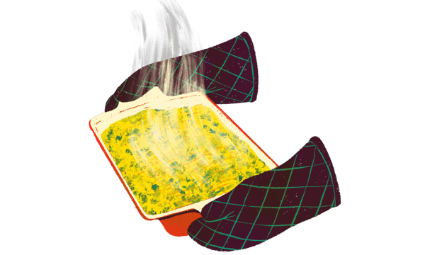 two oven mitts holding a steaming casserole.