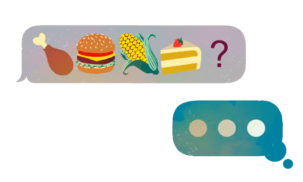 a text message conversation with lots of food emojis.