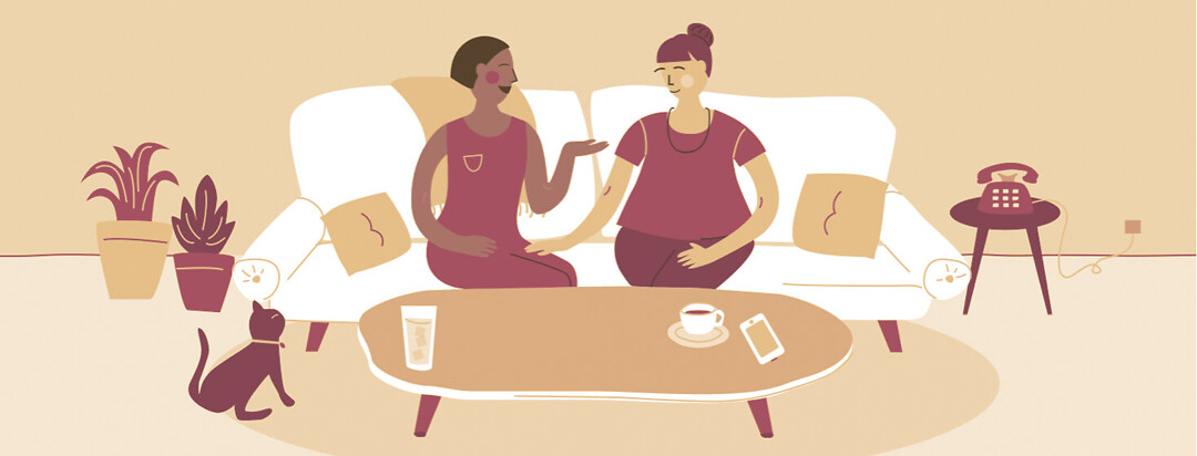 Women sitting on the couch talking medication coffee cat living room friends hang out, female, adult, POC