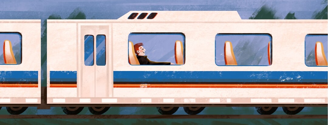 alt=a man relaxes on a commuter train.