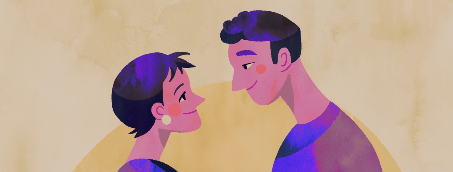 Two adults look into each others eyes, love