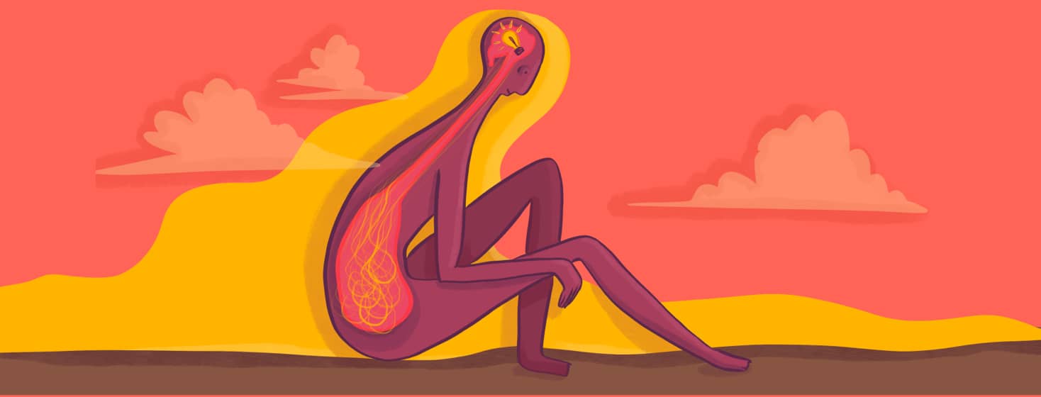 Silhouetted profile of a person sitting with knees bent with a lightbulb in their head and wavy lines of energy from the lightbulb traveling through the body into the gut in front of a red and yellow sky with clouds