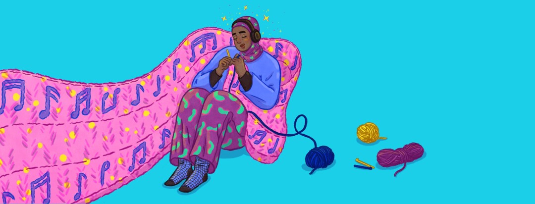 A woman wearing headphones sits in the center of the image crocheting a blanket covered in musical notes which wraps around her and off frame to the left, three spools of yarn and a couple extra crochet hooks lay next to her on the ground to the right