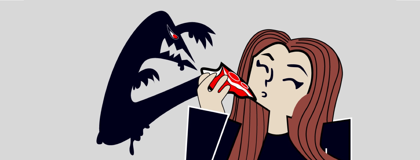 A woman eats a slice of pizza as the pizza slice grows an evil shadow pizza monster.
