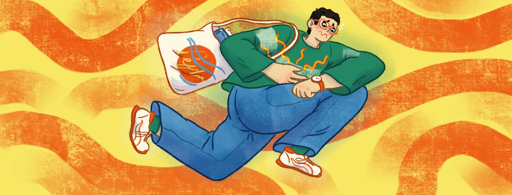 A person is running, bag flying behind them, as they put a hand on their stomach with pain lines emitting from it and looks anxiously at their watch