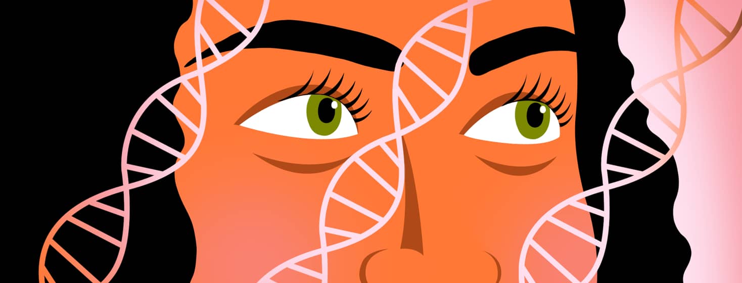 A woman looks at DNA strands passing over her face