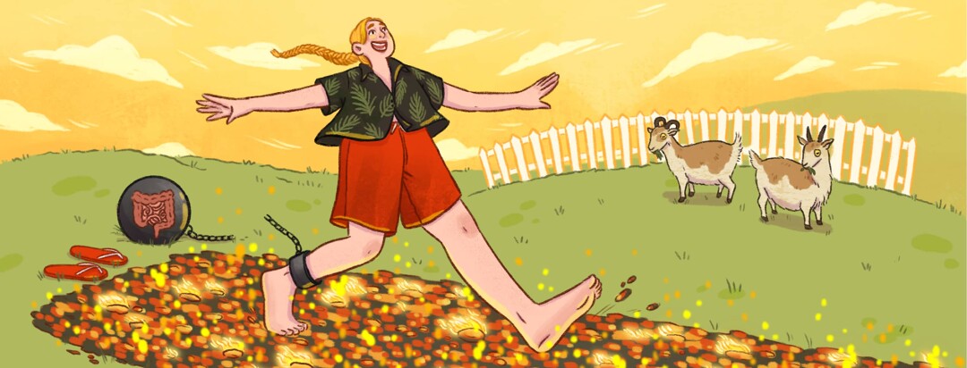 A woman walks across a fire walk with a broken chain around her ankle and a ball with intestines behind her with the other half of the broken chain