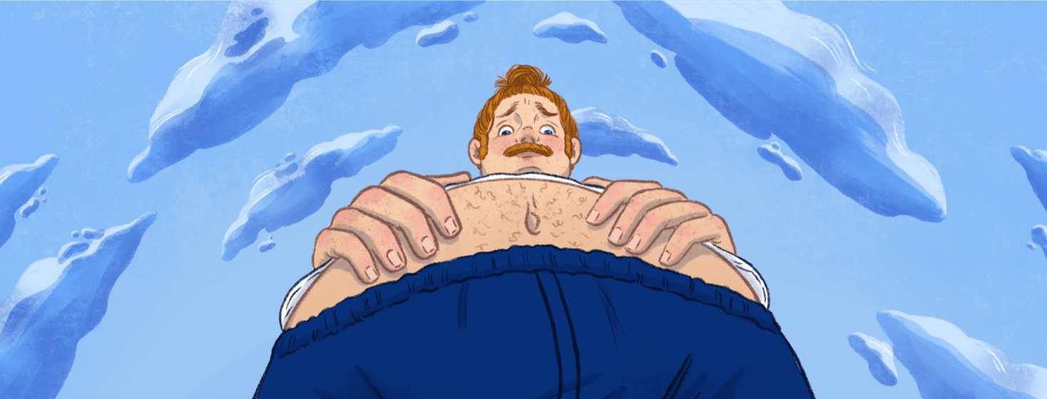 Bug's eye view of a man's bloated stomach as he looks down at it