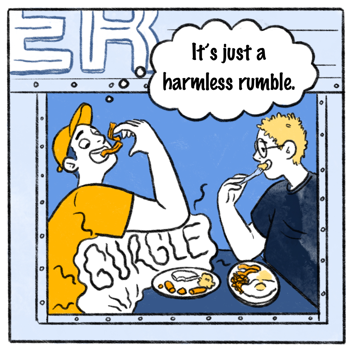Two people are in a diner window eating breakfast, a gurgle comes from the man's stomach and a thought bubble says "It's just a harmless rumble"
