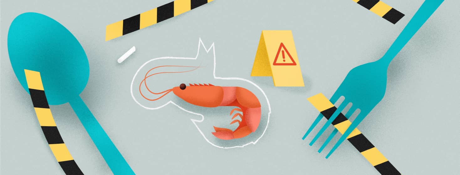 A prawn outlined with chalk lays in a crime scene with utensils