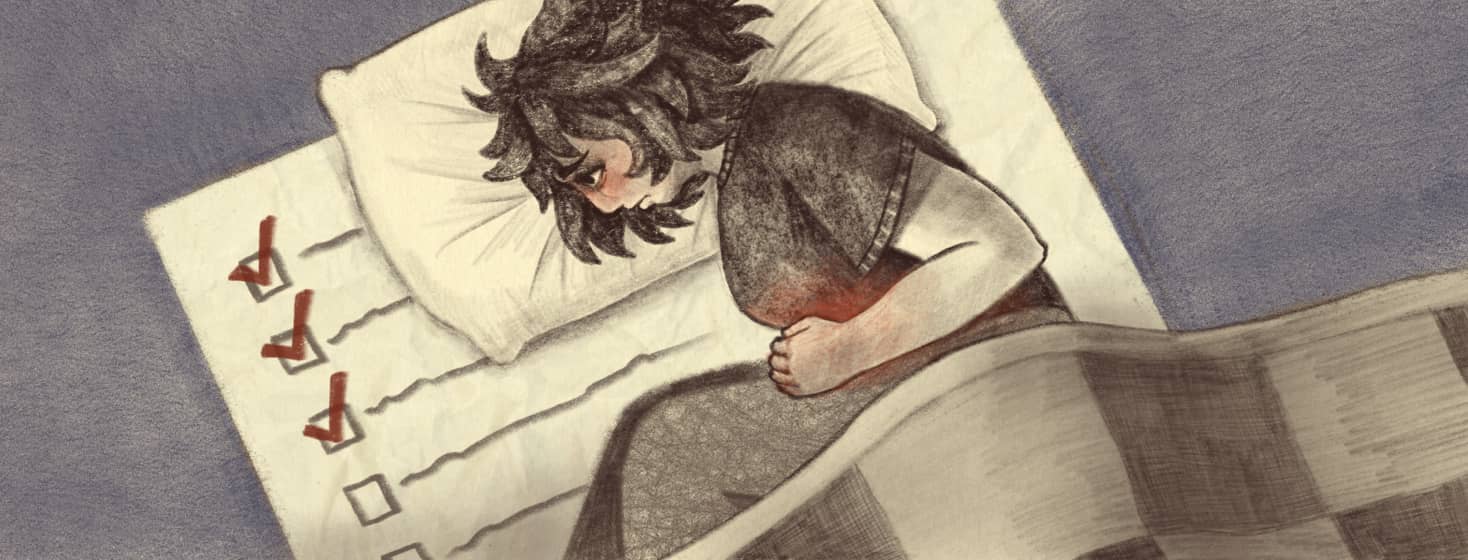 Adult female laying on a bed in pain looking at a checklist of symptoms.
