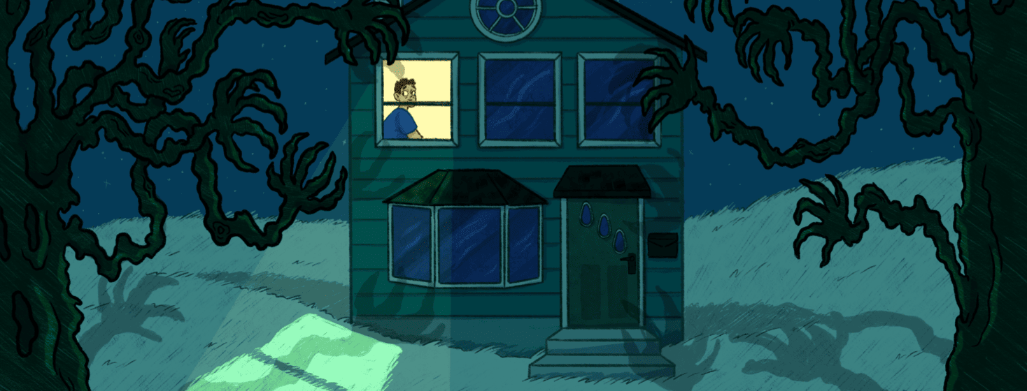 A house at night has a light on in one window with a man in it, hand shaped tree branches are reaching towards the house