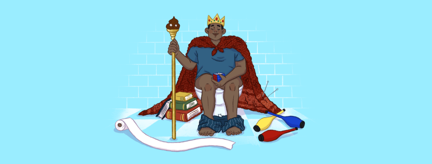 A man wearing a crown, a knitted cape, and holding a poop scepter sits on the toilet. Books, juggling pins, and toilet paper are on the floor. He holds a solved rubik's cube in his hand