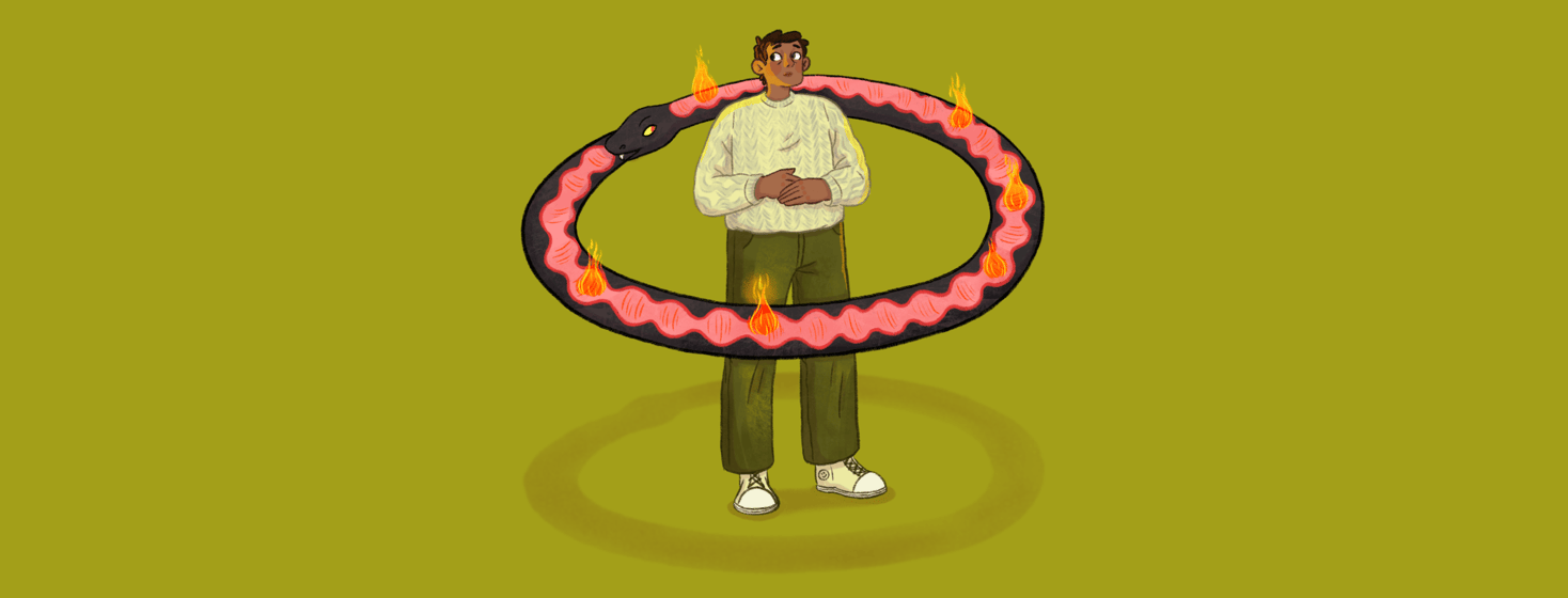A person is standing with their hands on their stomach, a snake with an intestine pattern on its skin and small flames on it's back circles around them mid-air