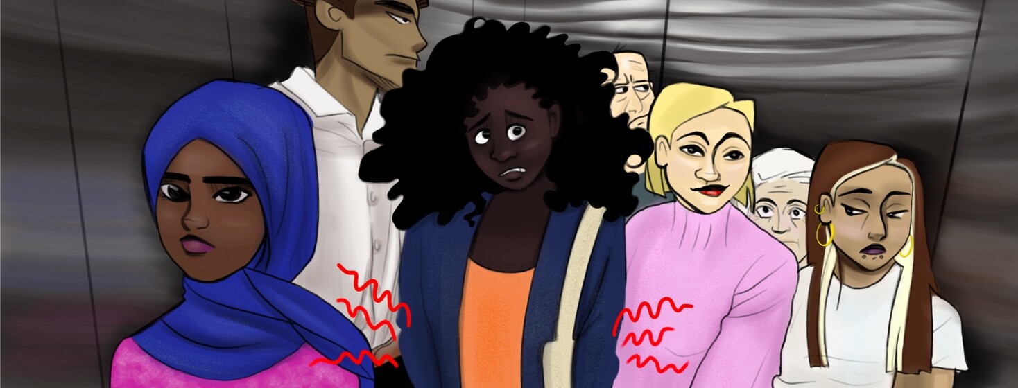 A black woman looks distressed with a rumbling stomach and stands uncomfortably in a crowded elevator.