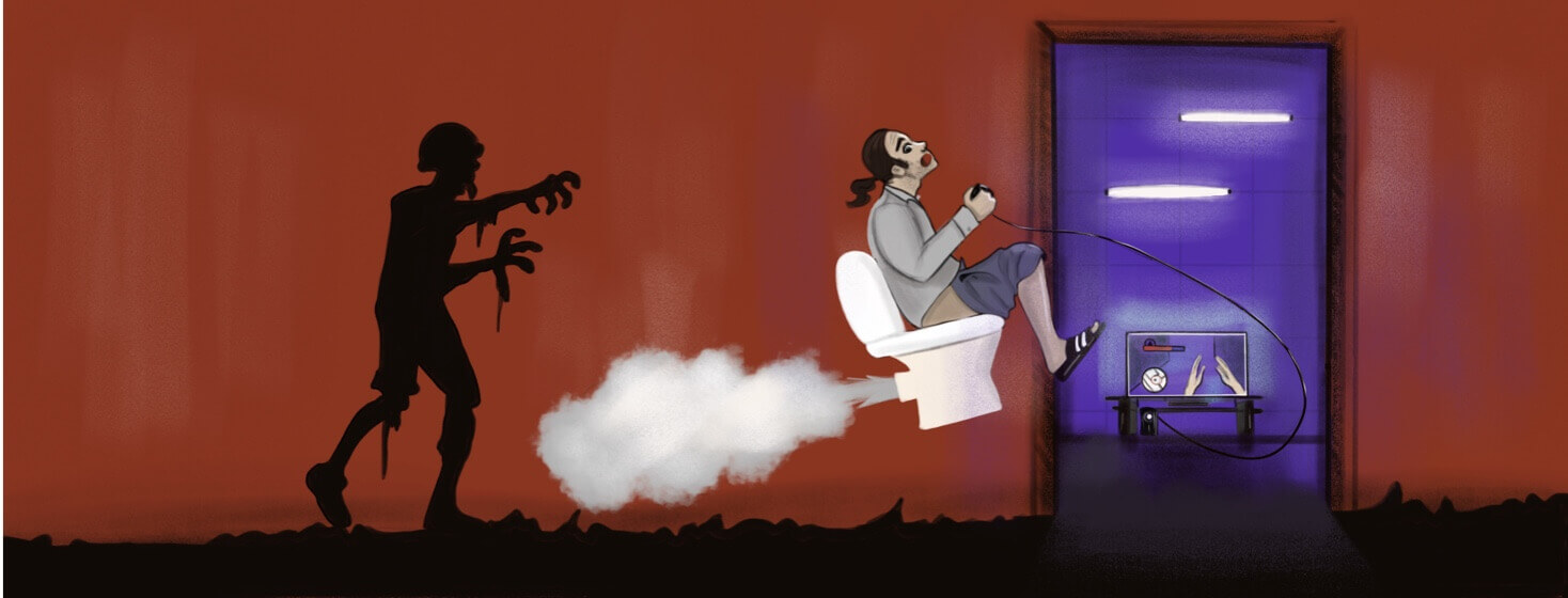 A man playing videogames on a toilet blasts off as he notices a zombie coming for him