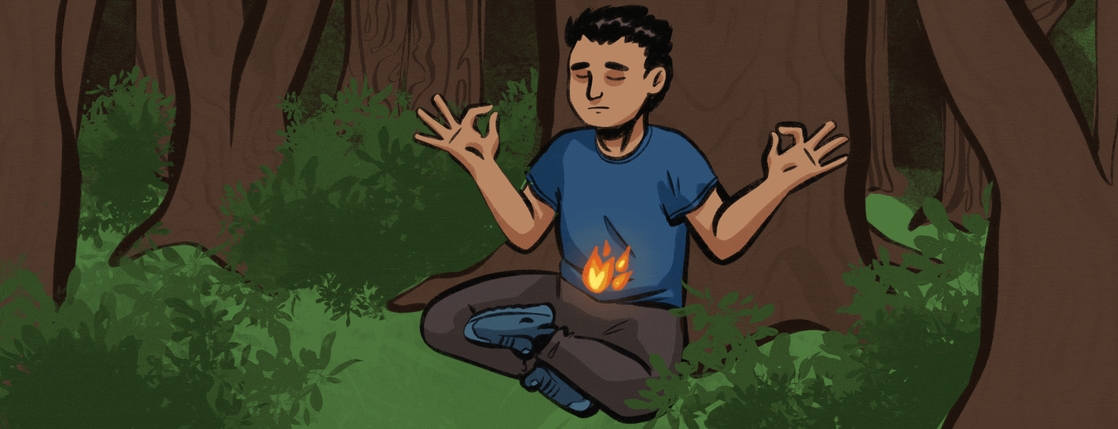 A man sits meditating in the forest, as he gets angrier the fire in his stomach grows, and as he grows calmer it shrinks. Relaxation, rage, annoyance, frustration, stomach, pain, nature, breathing