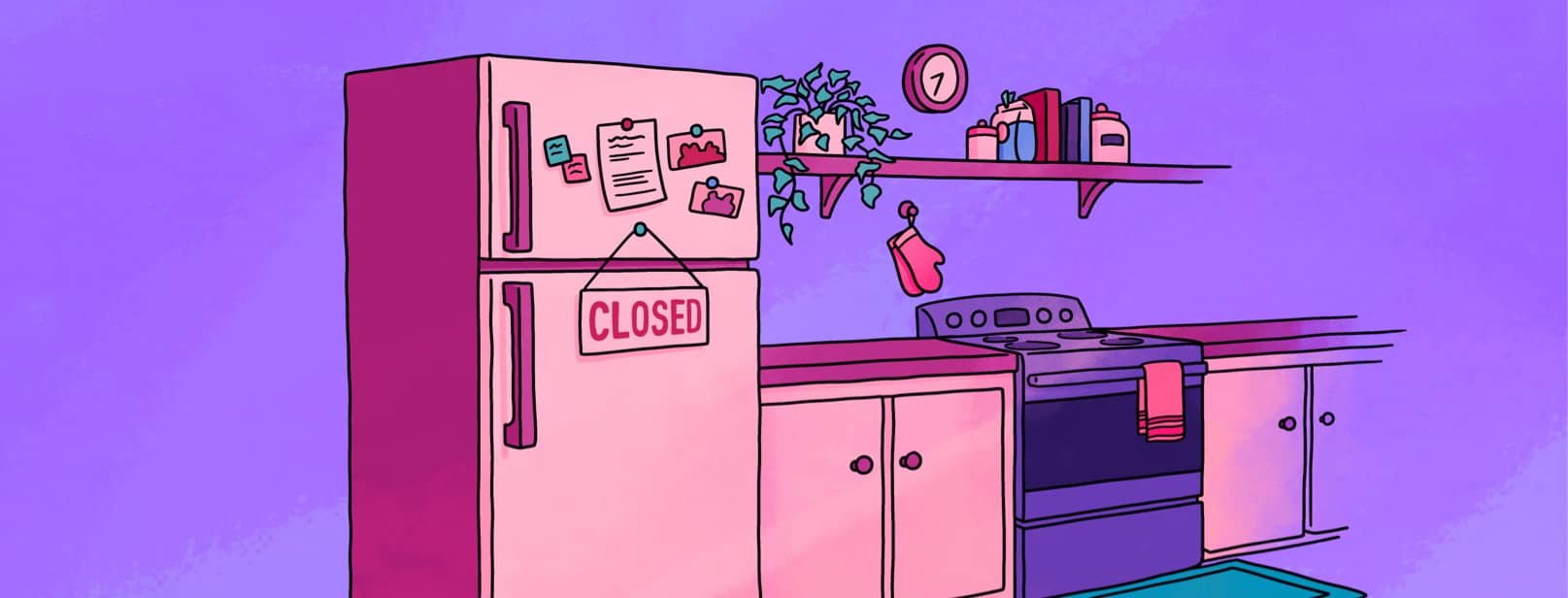 A kitchen at nighttime with a closed sign on the refrigerator.