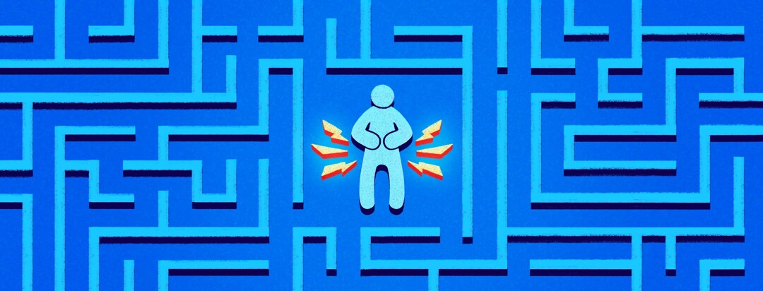 A figure with intense bowel pain stands in the middle of a labyrinth.