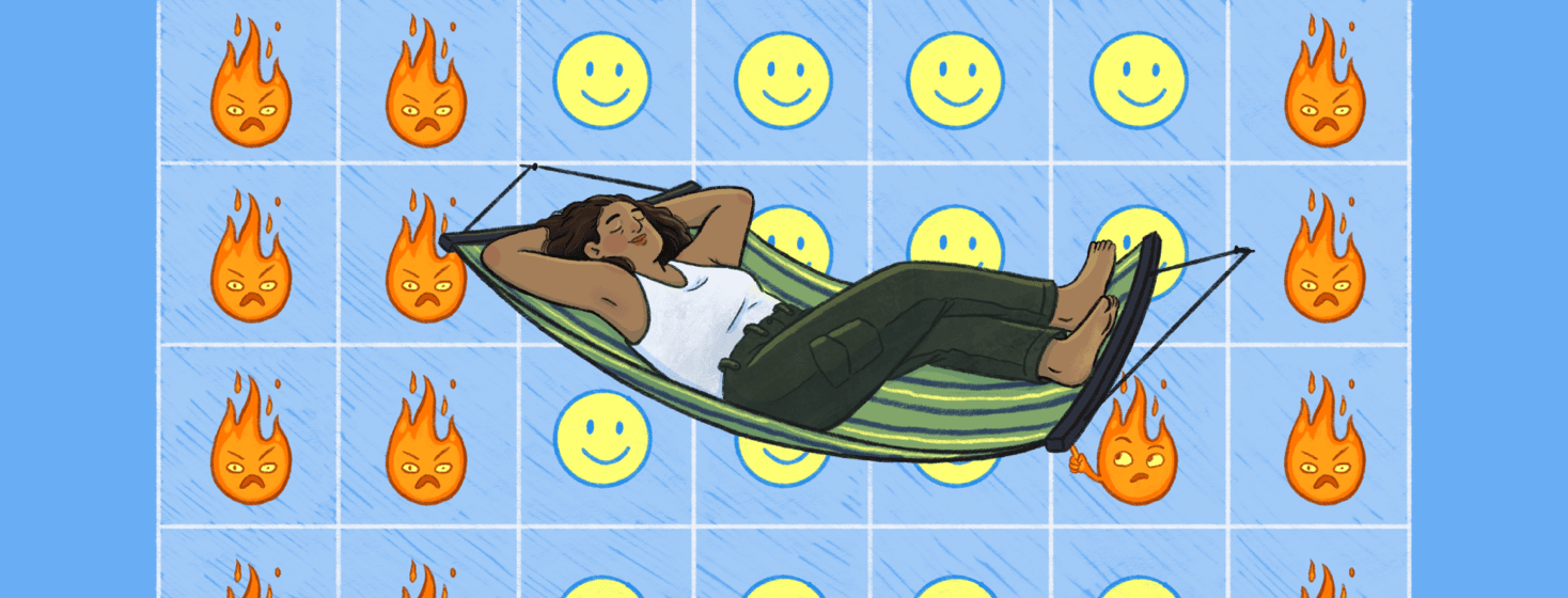 A woman relaxes on a hammock on a calendar over days with smiley faces between days with flames on them, under her a flame pokes her hammock