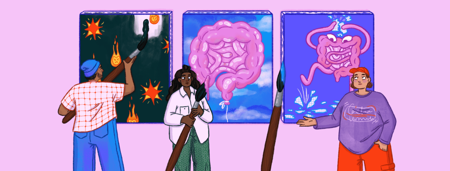 Three people stand in front of paintings of representations of IBS as flare symbols, balloon bowels, and bowels as a life destroyer with giant paintbrushes