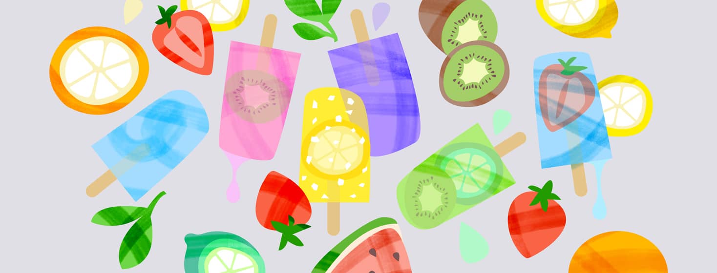 fresh fruit and frozen popsicles on a gray background