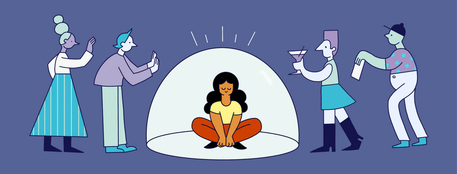 Woman sits in a meditative bubble as people knock on its walls with unwanted opinions