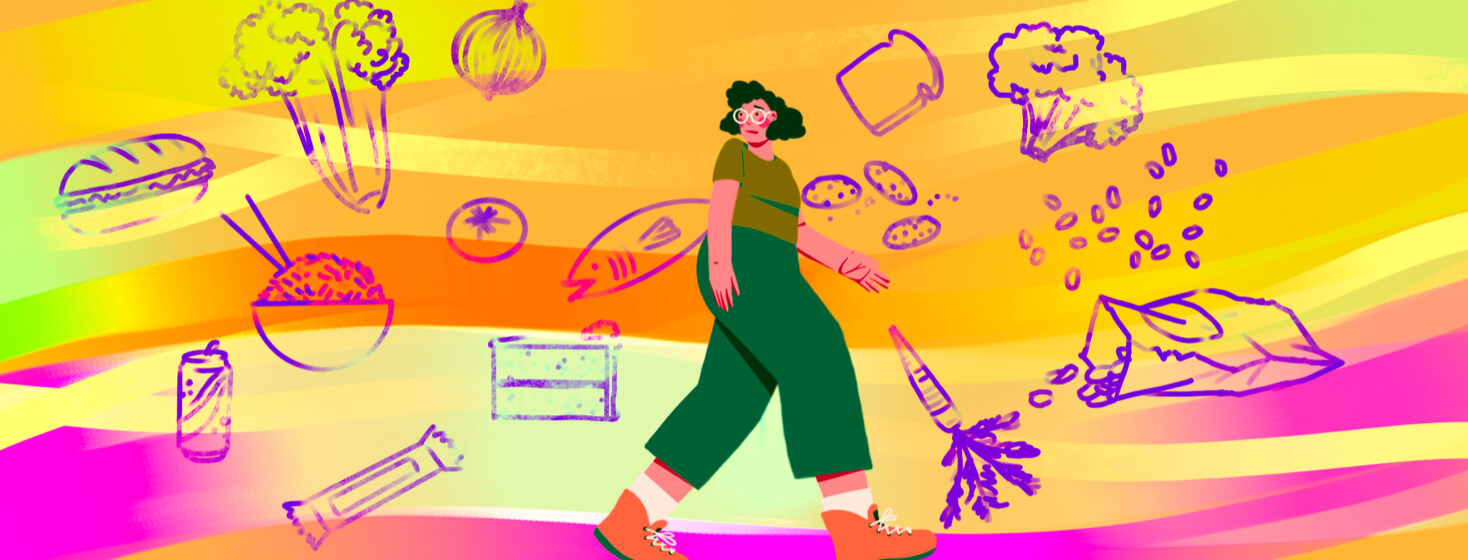A woman walks nervously amid a sea of food outlines including onions, fish, cake, and more