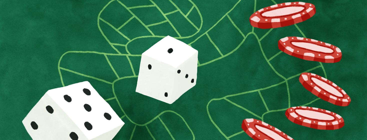 craps table shaped like a digestive tract with dice and chips